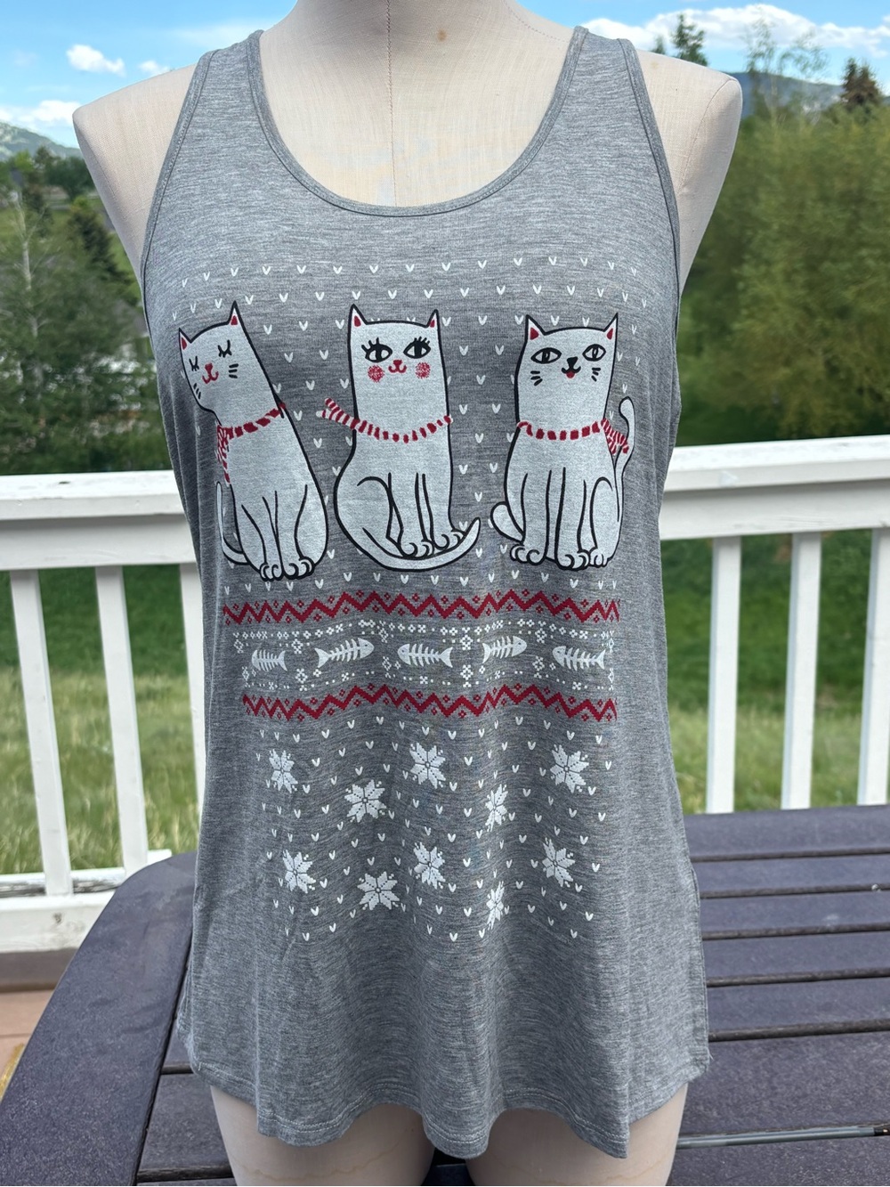 Bear Dance Gray Cat Print Tank Top with Red Accents